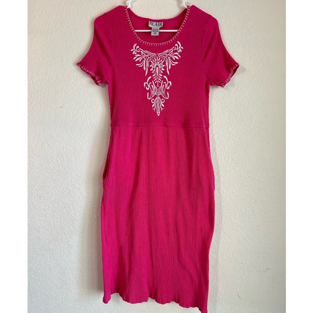 Blair Vintage Embroidered Midi Pink Crinkle Dress Size Medium Summer Beach - Picture 2 of 9